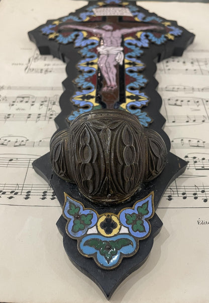 Rare Large Antique French Champleve Enamel Wood Holy Water Font Jesus c1880