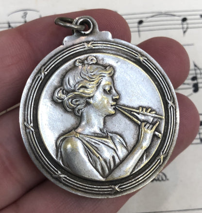 Antique Art Nouveau French Sliding Mirror Pendant St. Cecilia / Musician c1910