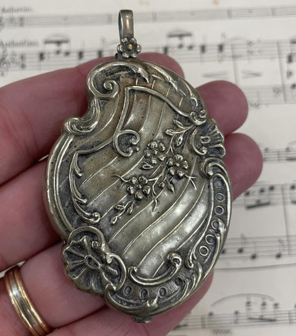 Rare Large Antique French Art Nouveau Silver Plated Sliding Mirror Pendant c1900