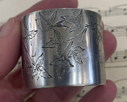Antique French Art Nouveau Sterling Silver Napkin Ring Holder Birds c1890