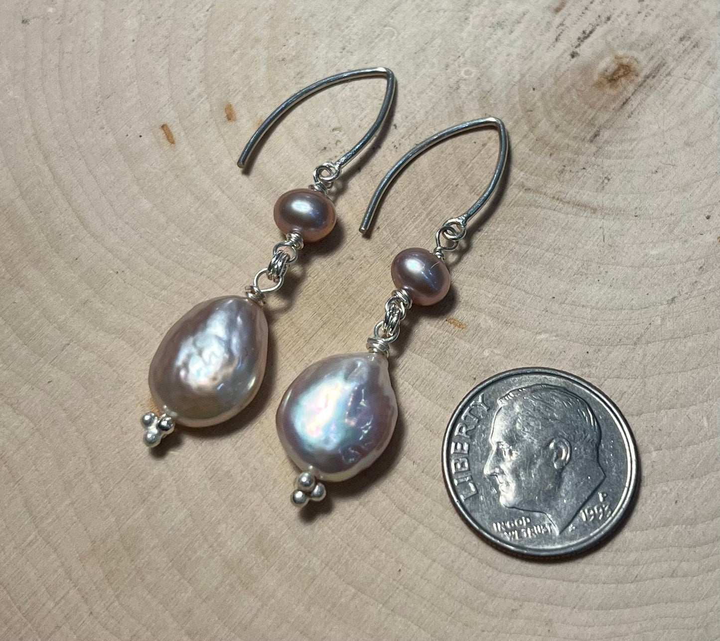 Pink pearl dangle earrings with sterling silver