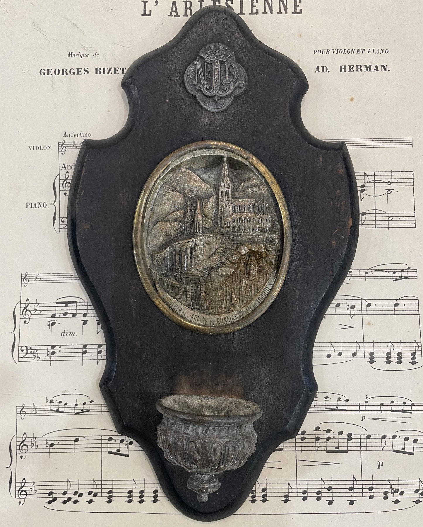 Rare Antique French Art Nouveau Wooden Holy Water Font Lourdes c1900