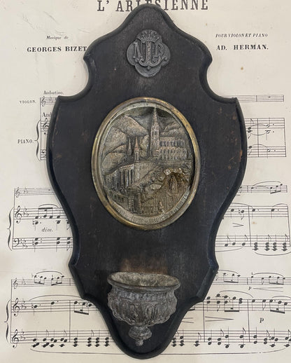 Rare Antique French Art Nouveau Wooden Holy Water Font Lourdes c1900