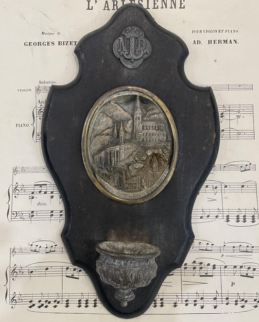 Rare Antique French Art Nouveau Wooden Holy Water Font Lourdes c1900