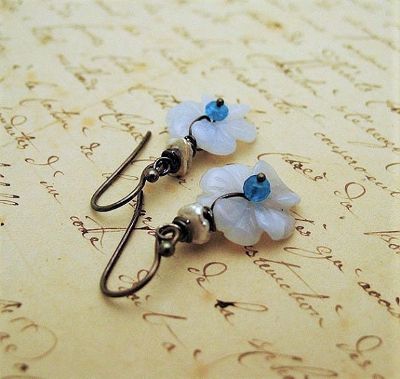 Dangle Blue Chalcedony Periwinkle earrings with blue apatite, freshwater pearls and sterling