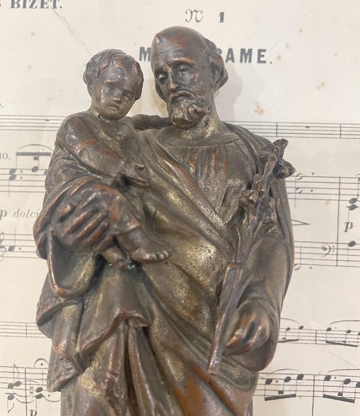 Rare Antique French St Joseph and Child Spelter Statue c1900