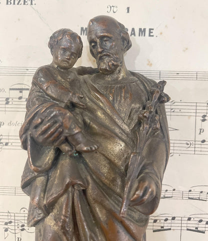Rare Antique French St Joseph and Child Spelter Statue c1900