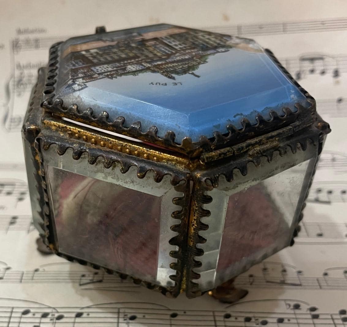 Antique French Eglomise Souvenir Jewelry Box Casket Le Puy c1900