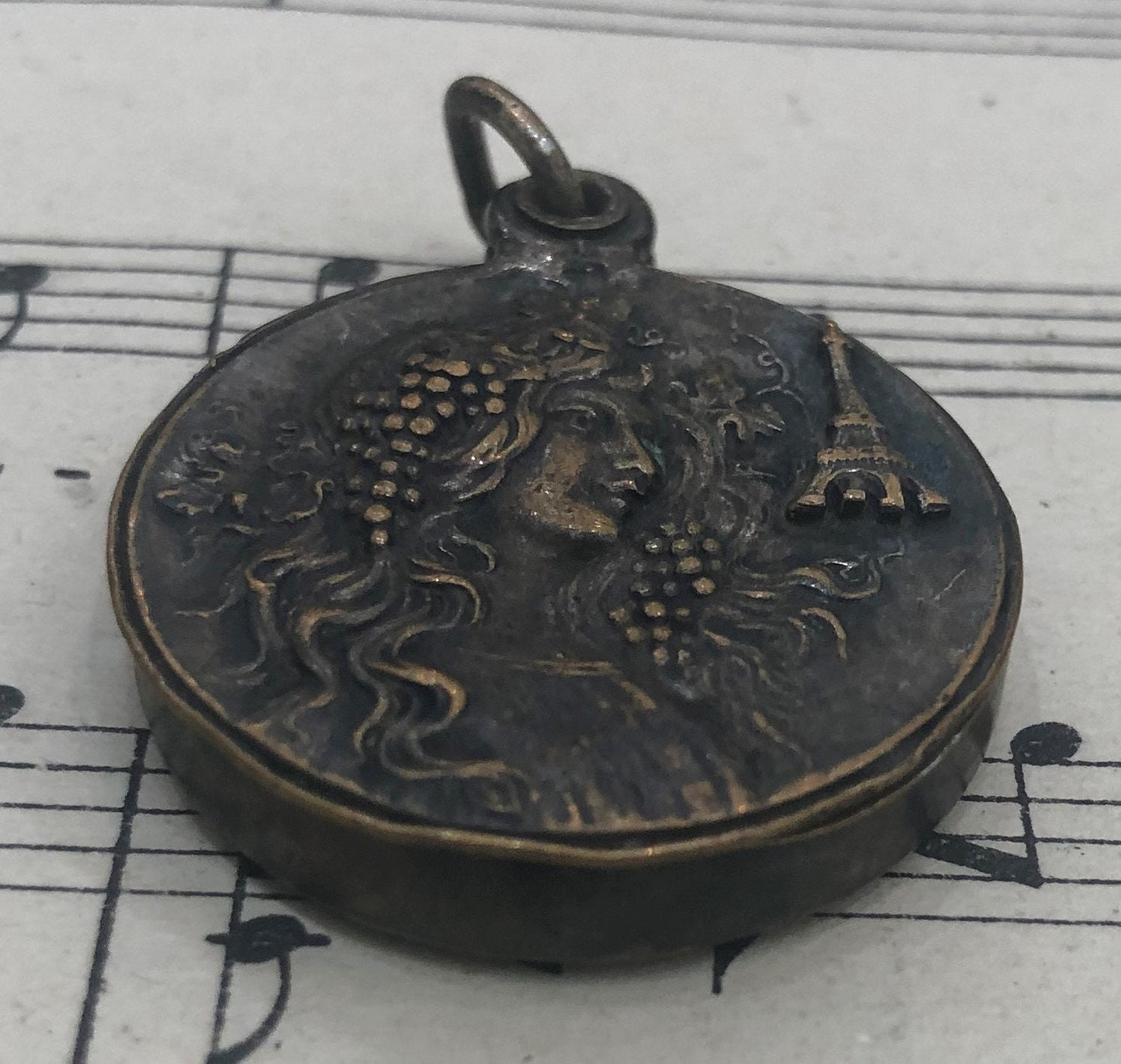 Antique French Art Nouveau Sliding Pendant Woman Eiffel Tower c1920