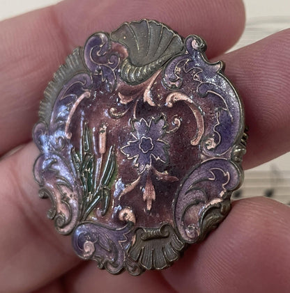 Rare Antique French Art Nouveau Enameled Brooch Flower Cattail c1900