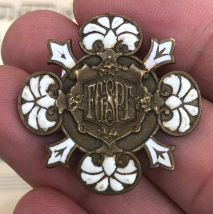 Antique French Enameled Bronze Cross Pin / Brooch c1920