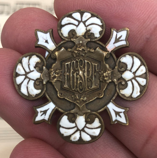 Antique French Enameled Bronze Cross Pin / Brooch c1920
