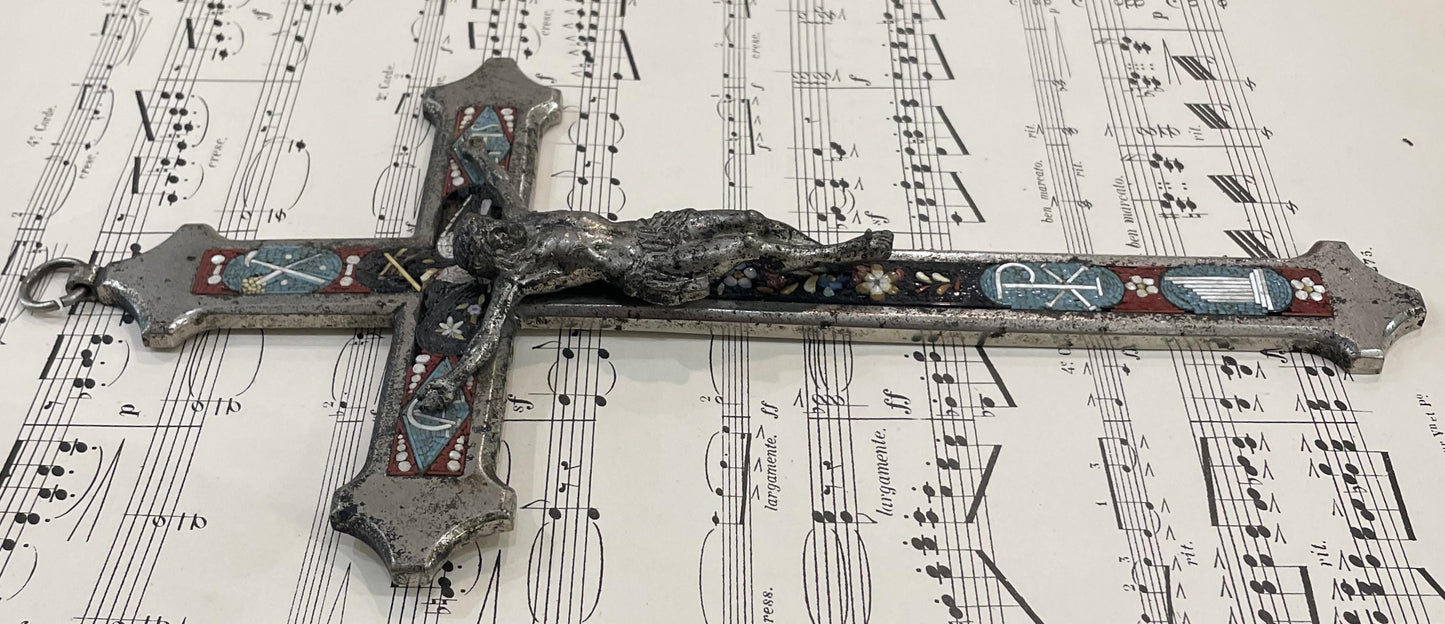 Large Antique Italian Micro Mosaic Micromosaic Cross Crucifix Bird c1900