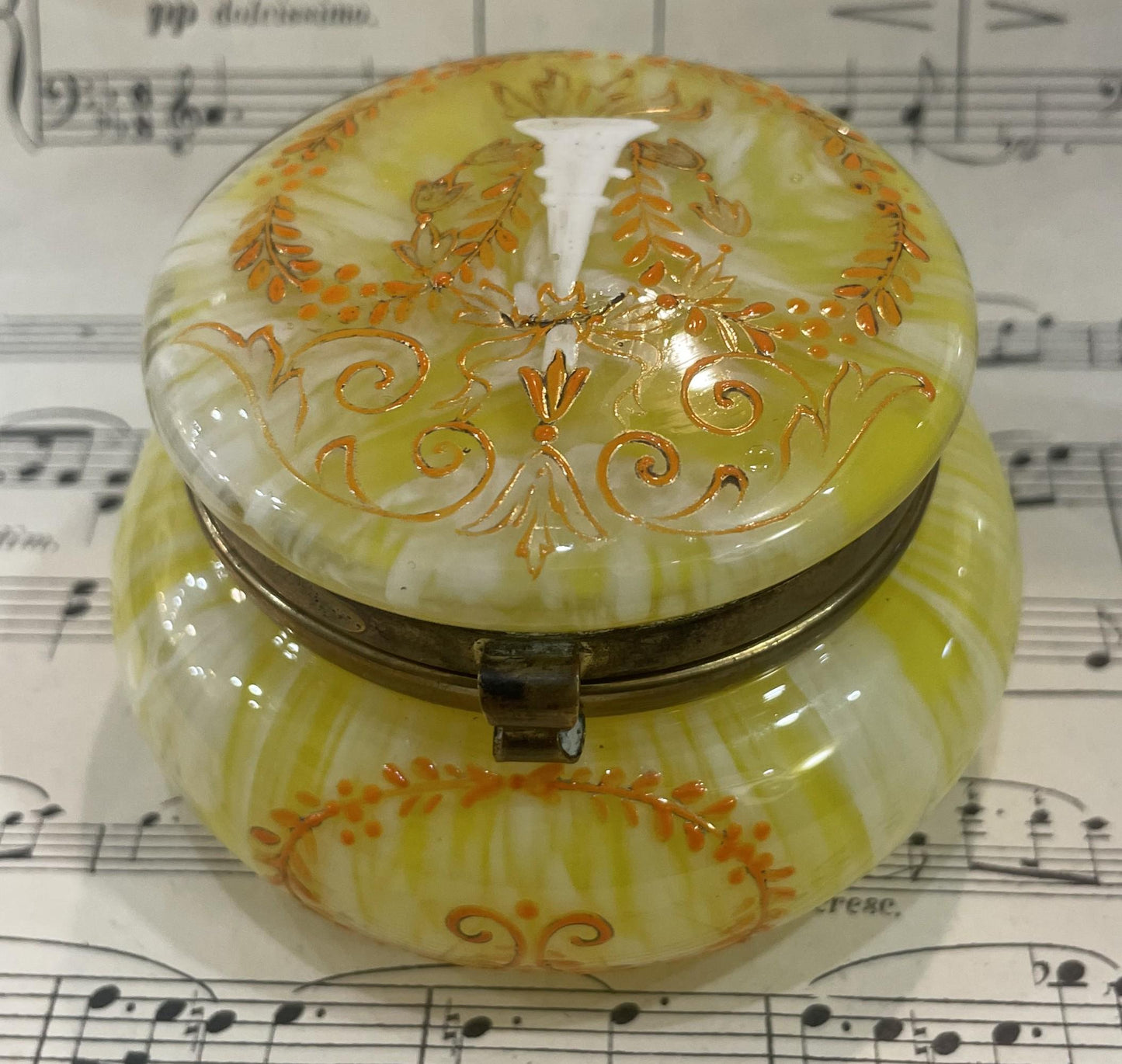 Antique French Gilt Brass Yellow Glass Hand Painted Enameled Box Torch c1920