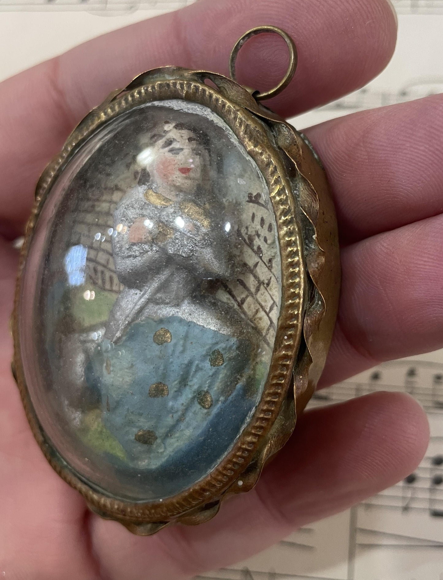 Rare Antique French Carved Plaster Joan of Arc under Domed Glass c1900