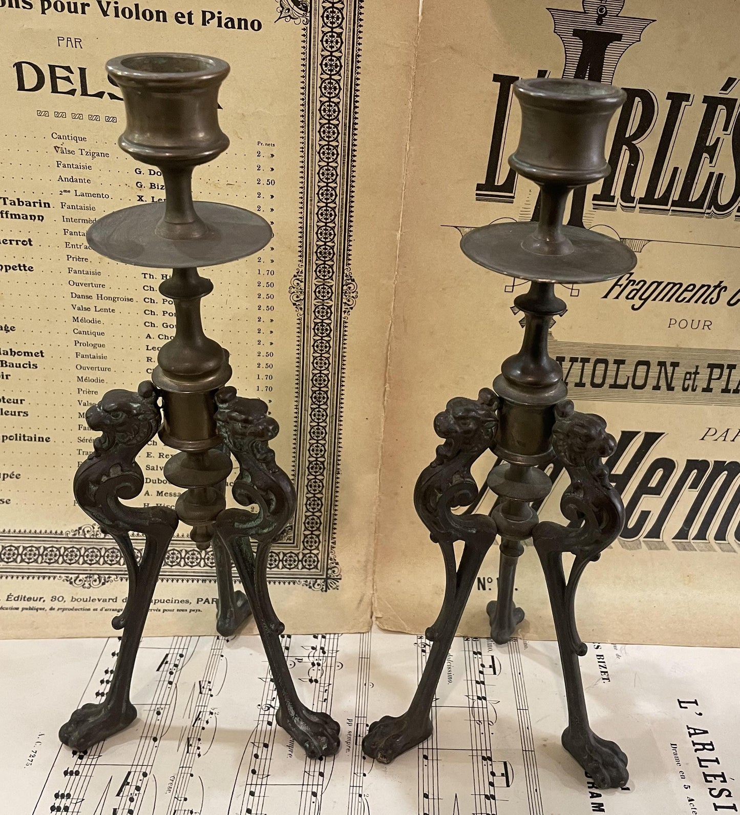 Antique French Art Nouveau Bronze Candlestick Holders Lions c1880