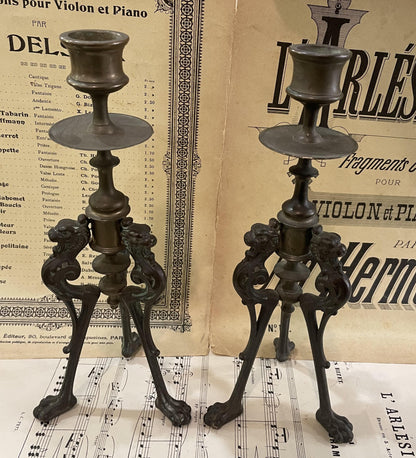 Antique French Art Nouveau Bronze Candlestick Holders Lions c1880