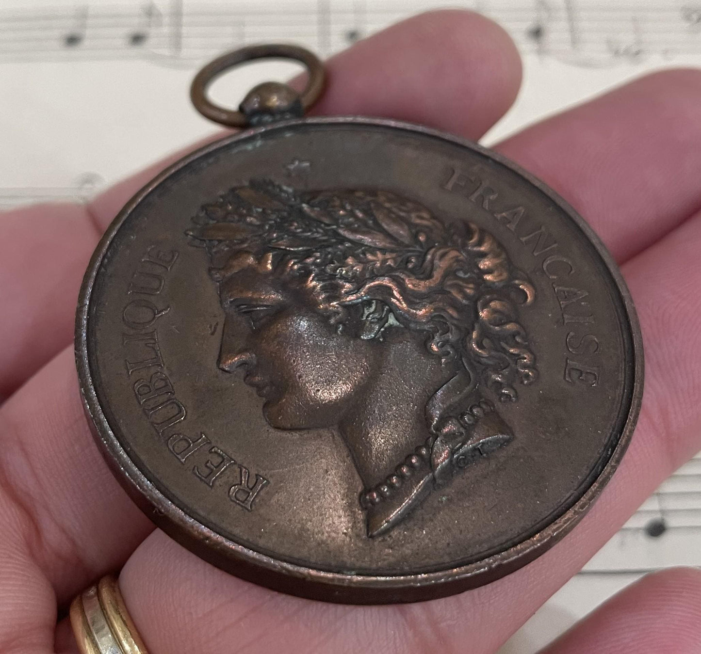 Large Antique French Bronze Art Nouveau Pendant Republique Francaise c1920