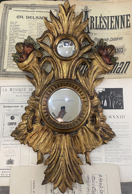 RARE Large Antique Italian Wooden Witch Mirror c1860