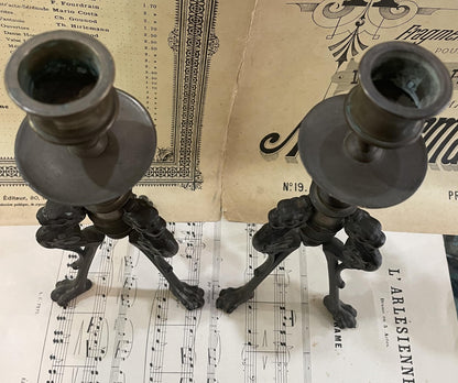 Antique French Art Nouveau Bronze Candlestick Holders Lions c1880