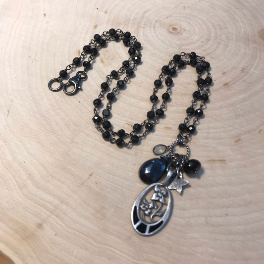 Four Petal Flower necklace with black tourmaline, enamel and sterling silver