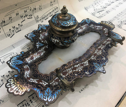 Rare Antique French Champleve Enamel Bronze Ink Well Inkwell c1880