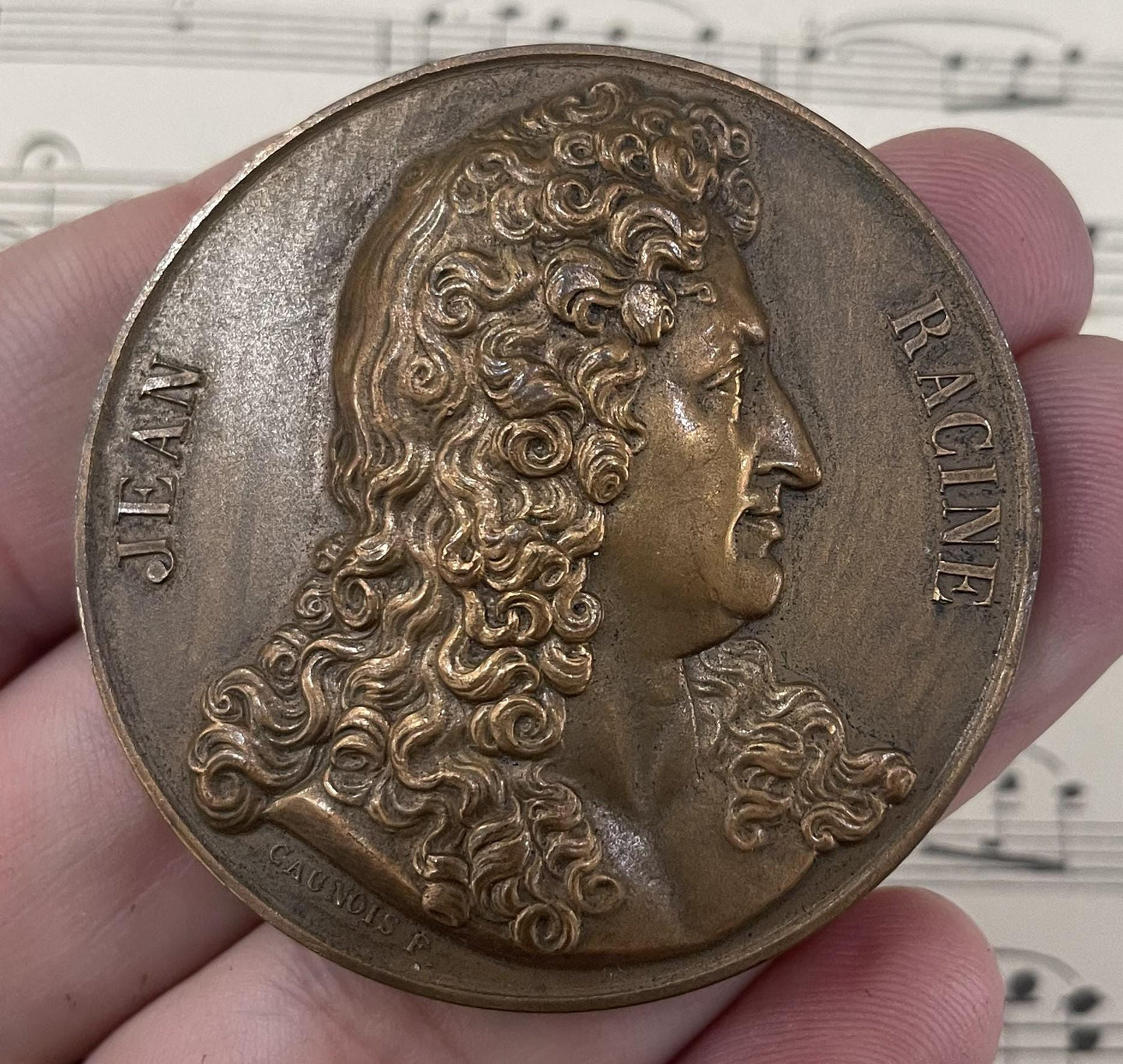 Large Antique French Bronze Jean Racine / Moliere Medal Signed Daumard Caunois c1920