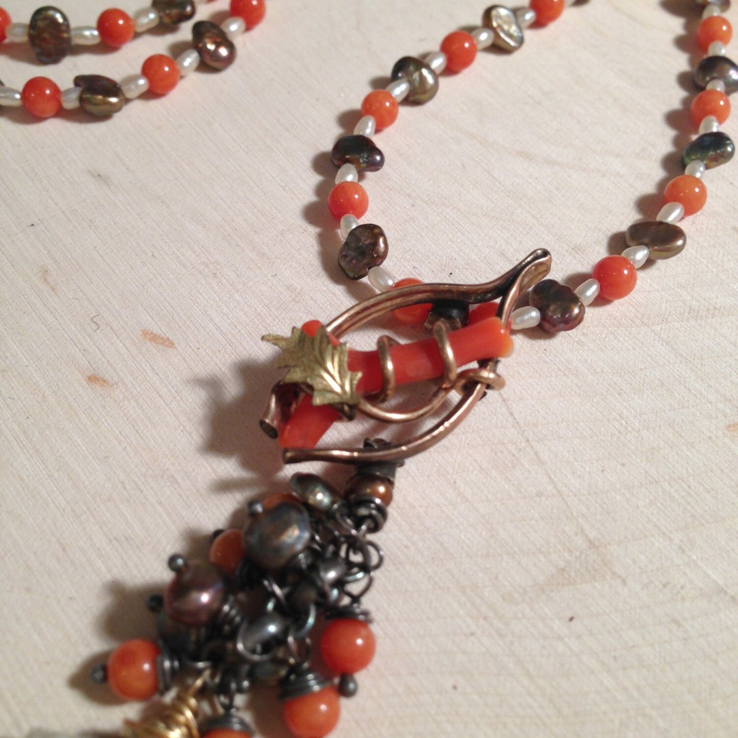 Victorian wishbone coral necklace with solar quartz and pearls