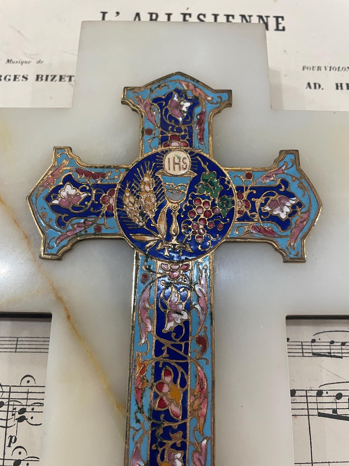 Antique French Champleve Enamel Onyx Holy Water Font Cross Crucifix c1880