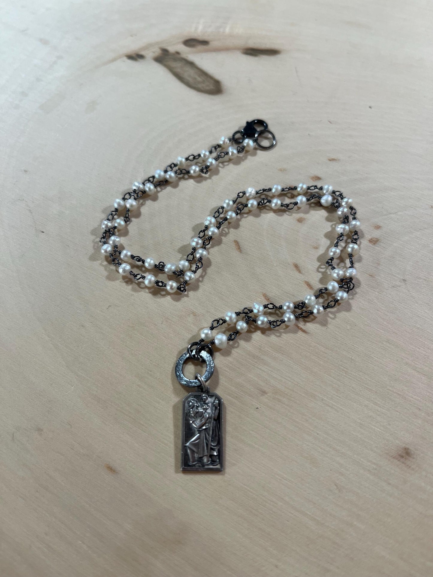 Vintage Sterling St Christopher necklace with pearls and sterling silver components