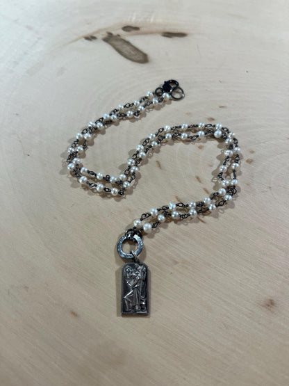 Vintage Sterling St Christopher necklace with pearls and sterling silver components