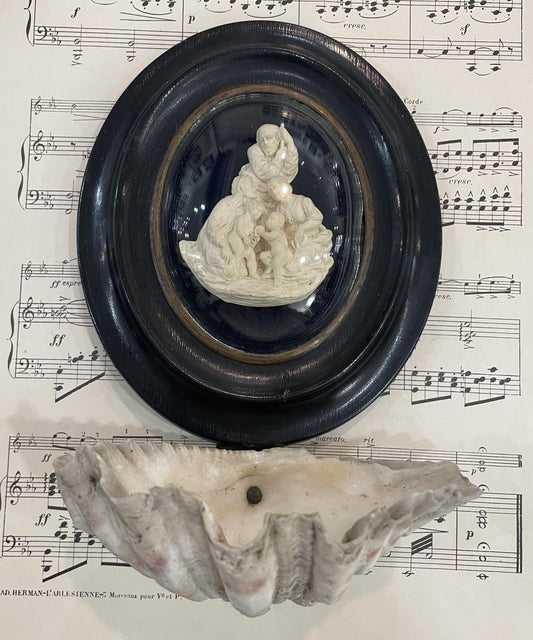 Antique French Carved Plaster Holy Family St John Baptist Domed Glass Holy Water Font c1900
