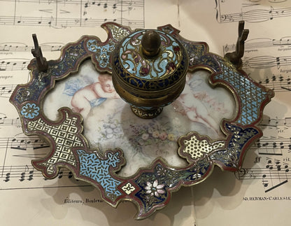 Rare Antique French Champleve Enamel Bronze Hand Painted Angels Ink Well Inkwell c1880