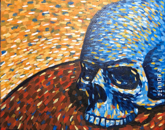 Red, Yellow and Blue Skull - Original Framed Oil on Board Painting