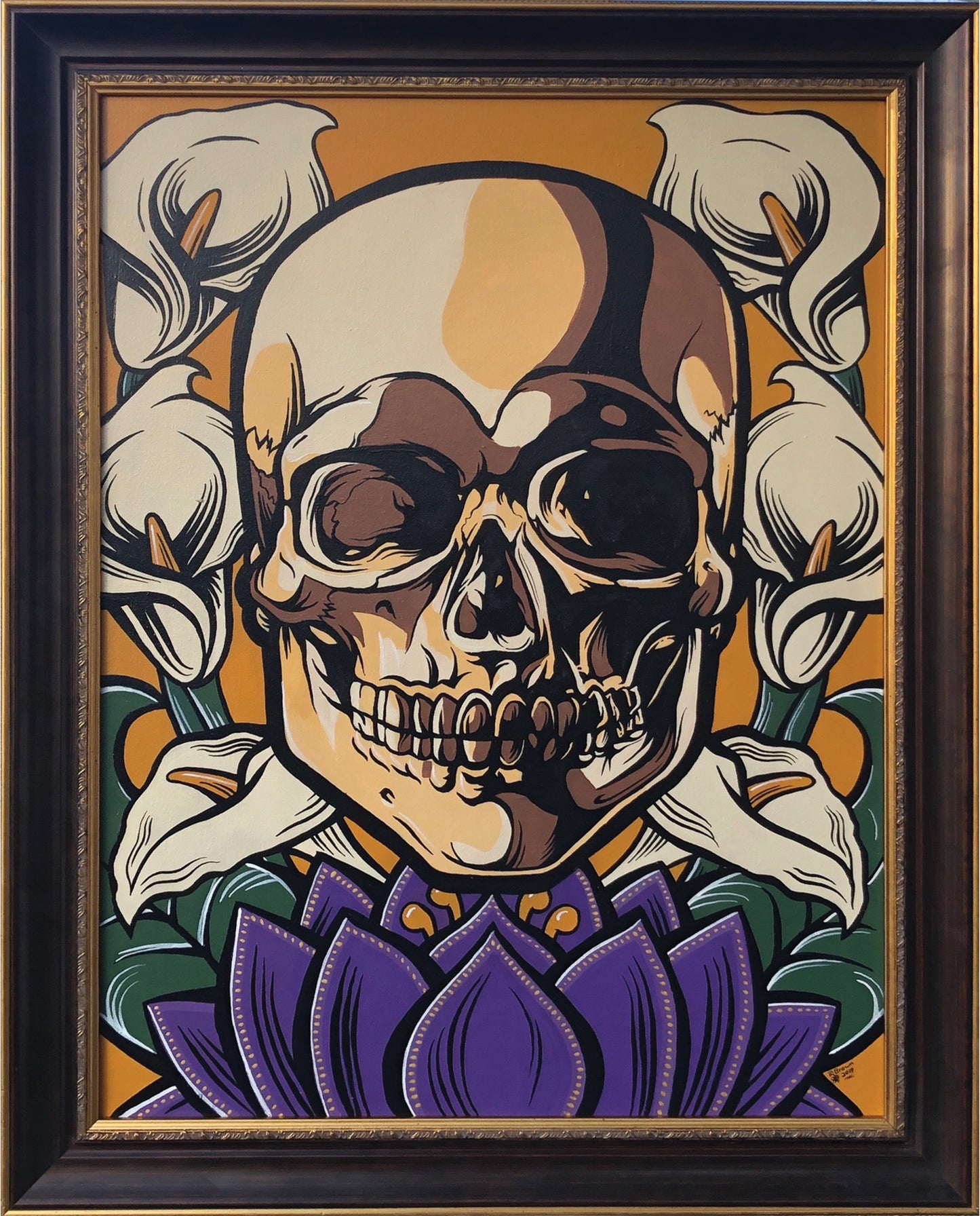 Lotus Skull with Callas - Original Framed Oil on Canvas Painting