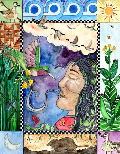 Hummingbird and Tobacco - Original Framed Watercolor